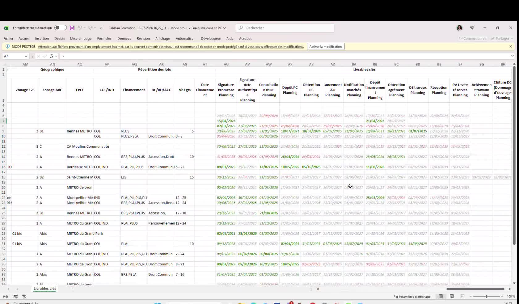 Le fichier Excel exporté : la mise en forme des dates (vert, rouge, gris) est conservée
