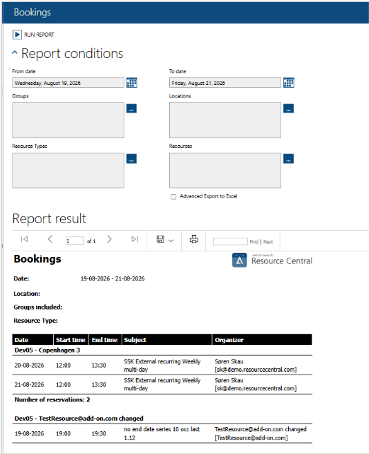 The image shows a booking report interface displaying a schedule of events for two people, Sᅢᄌren Skau and TestResource, including dates, times, and resource types.
AI-generated content may be incorrect.