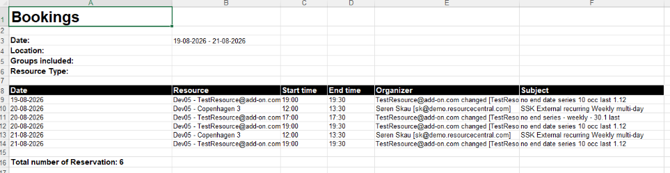 The image displays a spreadsheet with a booking schedule for events occurring between August 19th and 21st, 2026, featuring multiple sessions in Copenhagen, with details such as start and end times, organizers, and resource types.
AI-generated content may be incorrect.