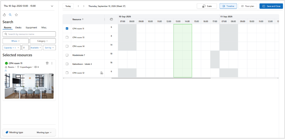 The image is a digital calendar or scheduling tool showing a timetable for a meeting or event, including time slots, rooms, and resources, with options to filter and search for specific details.
AI-generated content may be incorrect.