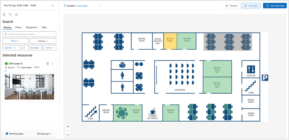 The image displays a floor plan of a conference room in Copenhagen, showing various meeting spaces, amenities, and capacity options.
AI-generated content may be incorrect.