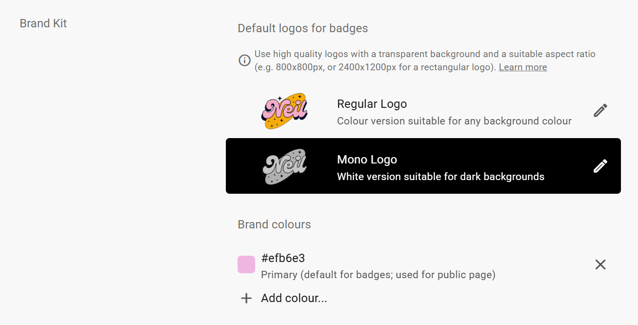 Brand Kit in provider settings showing logo slots and brand colours