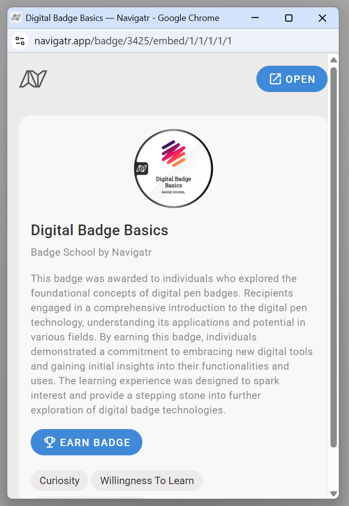 Preview of an embedded badge