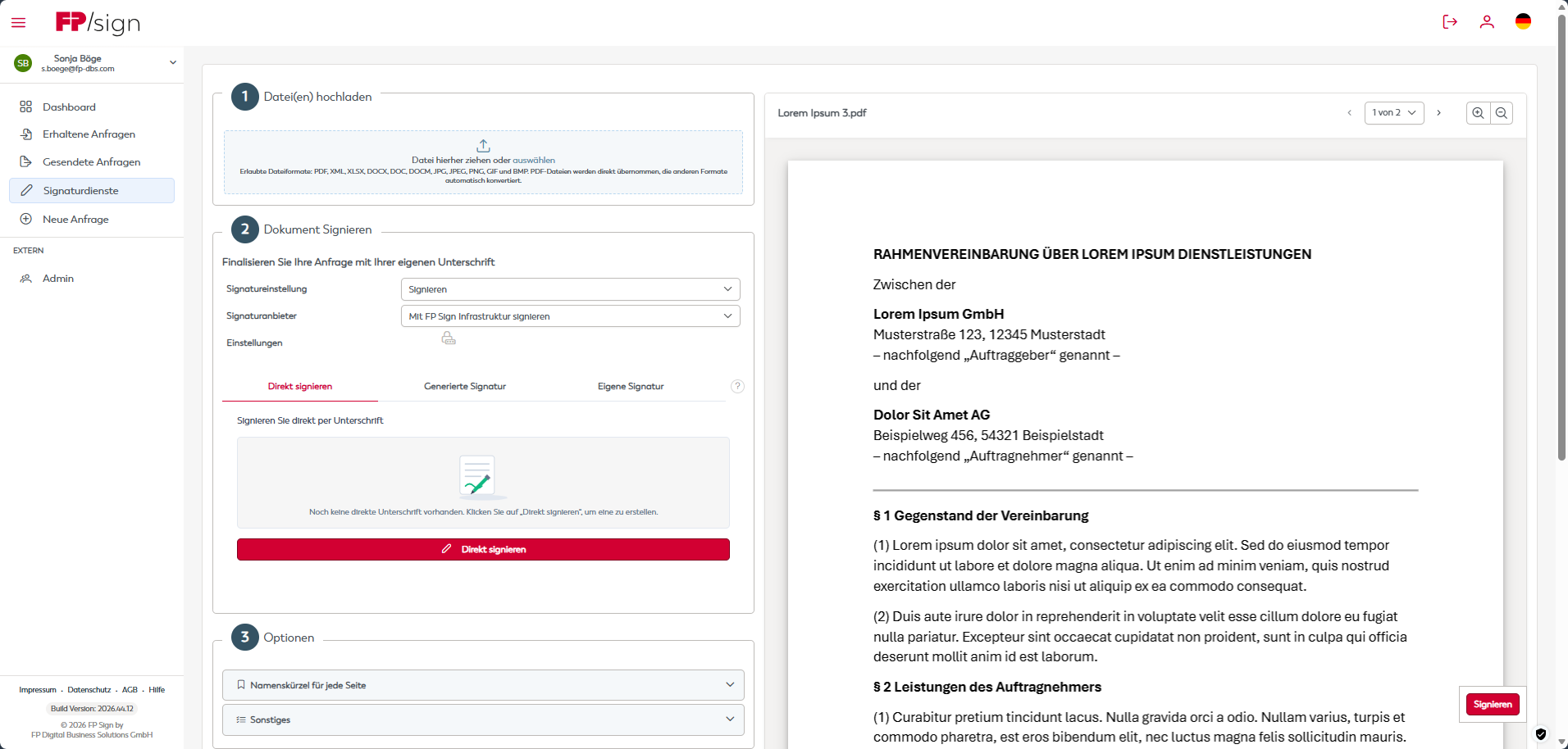 Signaturdienste – Dokumentenvorschau, Signatureinstellungen, Optionen und Abschluss