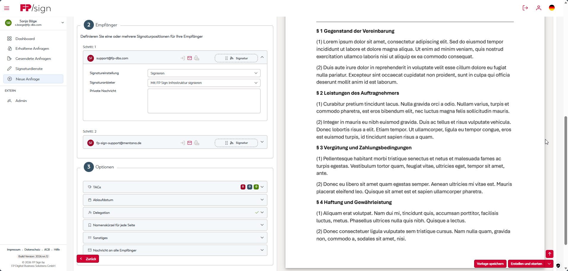 Empfänger-Einstellungen mit aufgeklappten Optionen für Schritt 1 und eingeklappten Optionen für Schritt 2