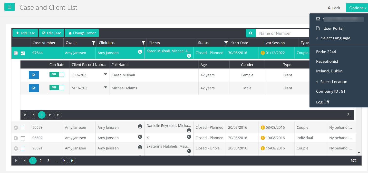 OpenFIT Screenshot of the Home Screen as a Receptionist User