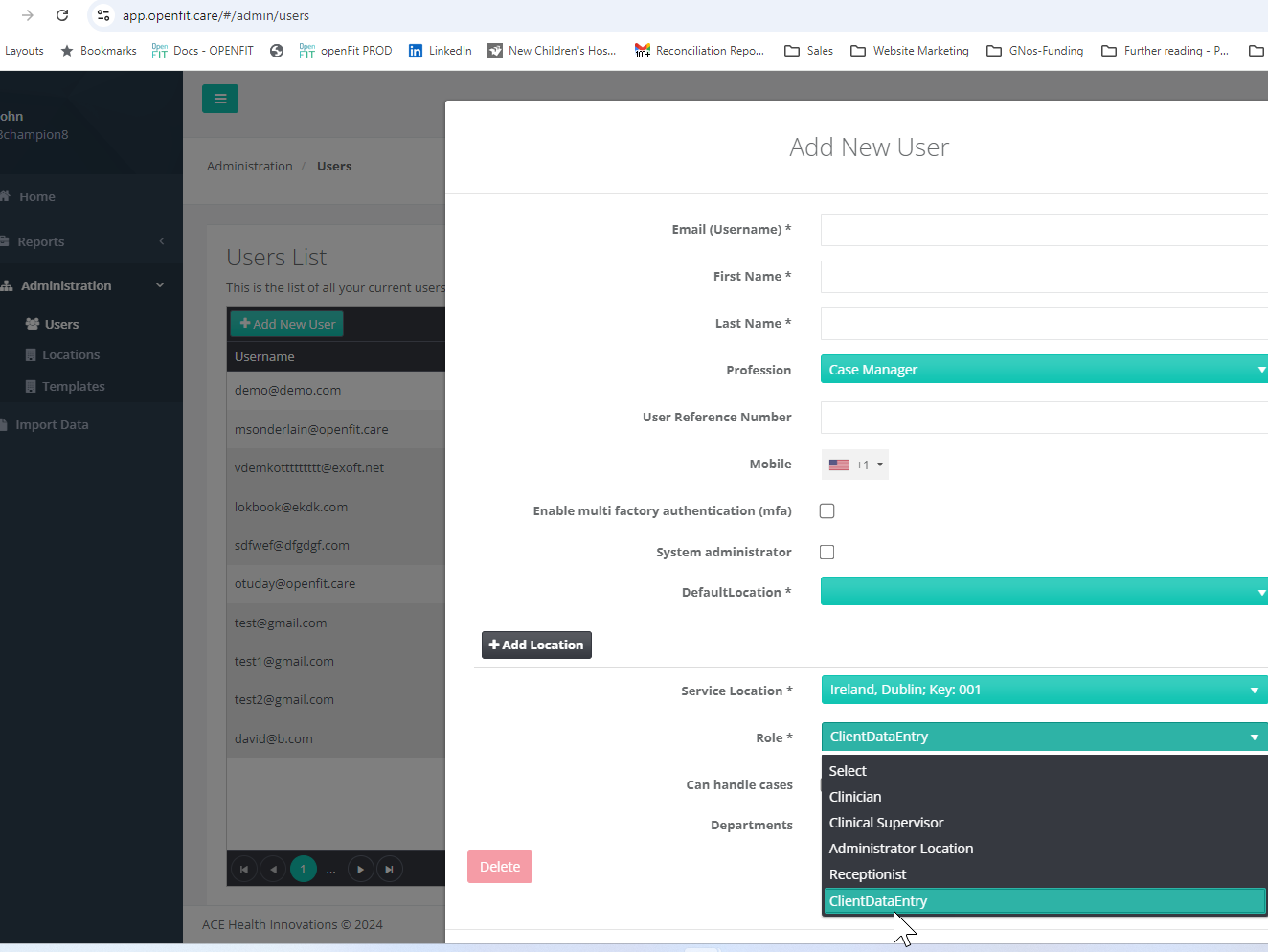 Screenshot of the Client Data Entry role selection in the Add User Screen in OpenFIT