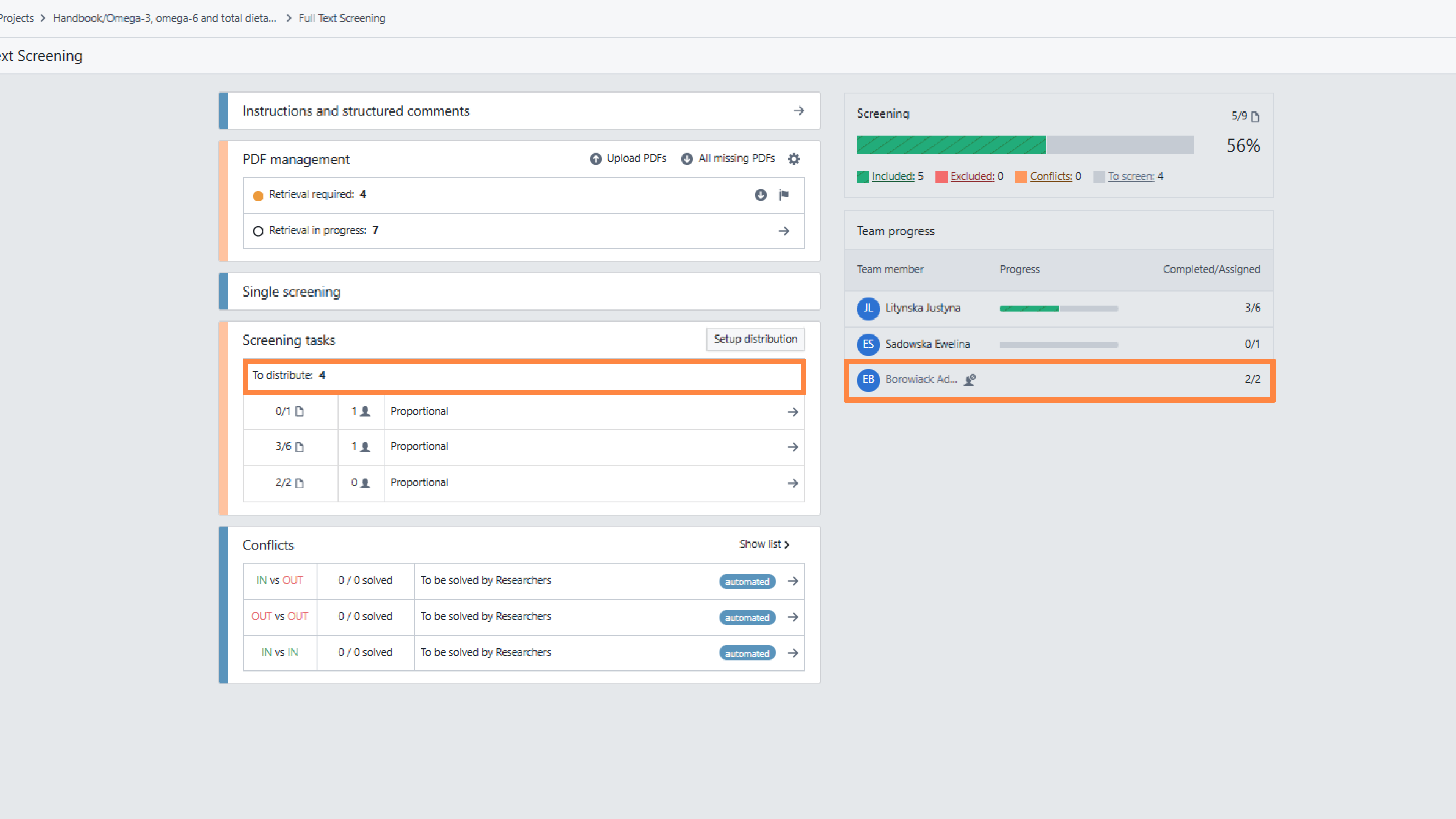 Full text stage dashboard with the set of 4 records to be distributed. 