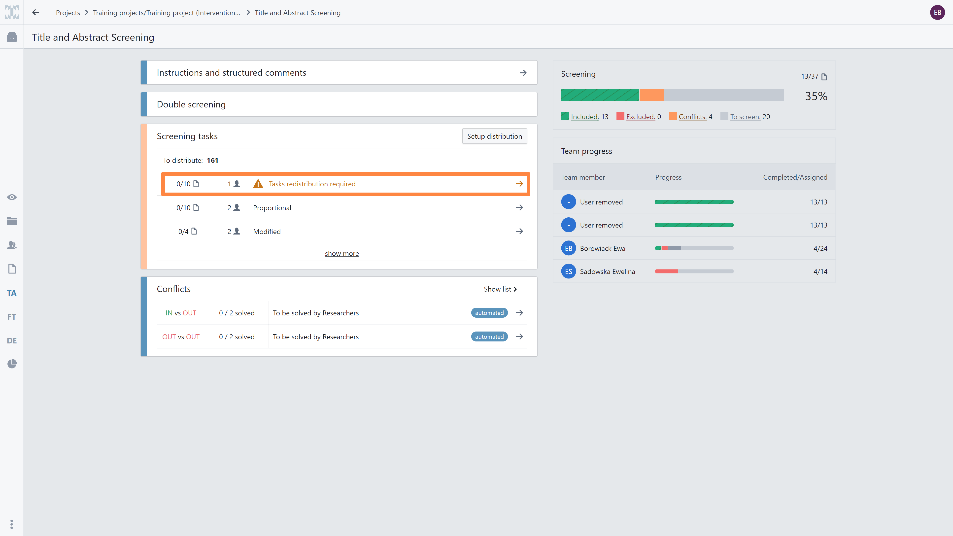 The Title and abstract stage dashboard with the group of previously distributed tasks that require redistribution in the 'Screening Tasks' section. 