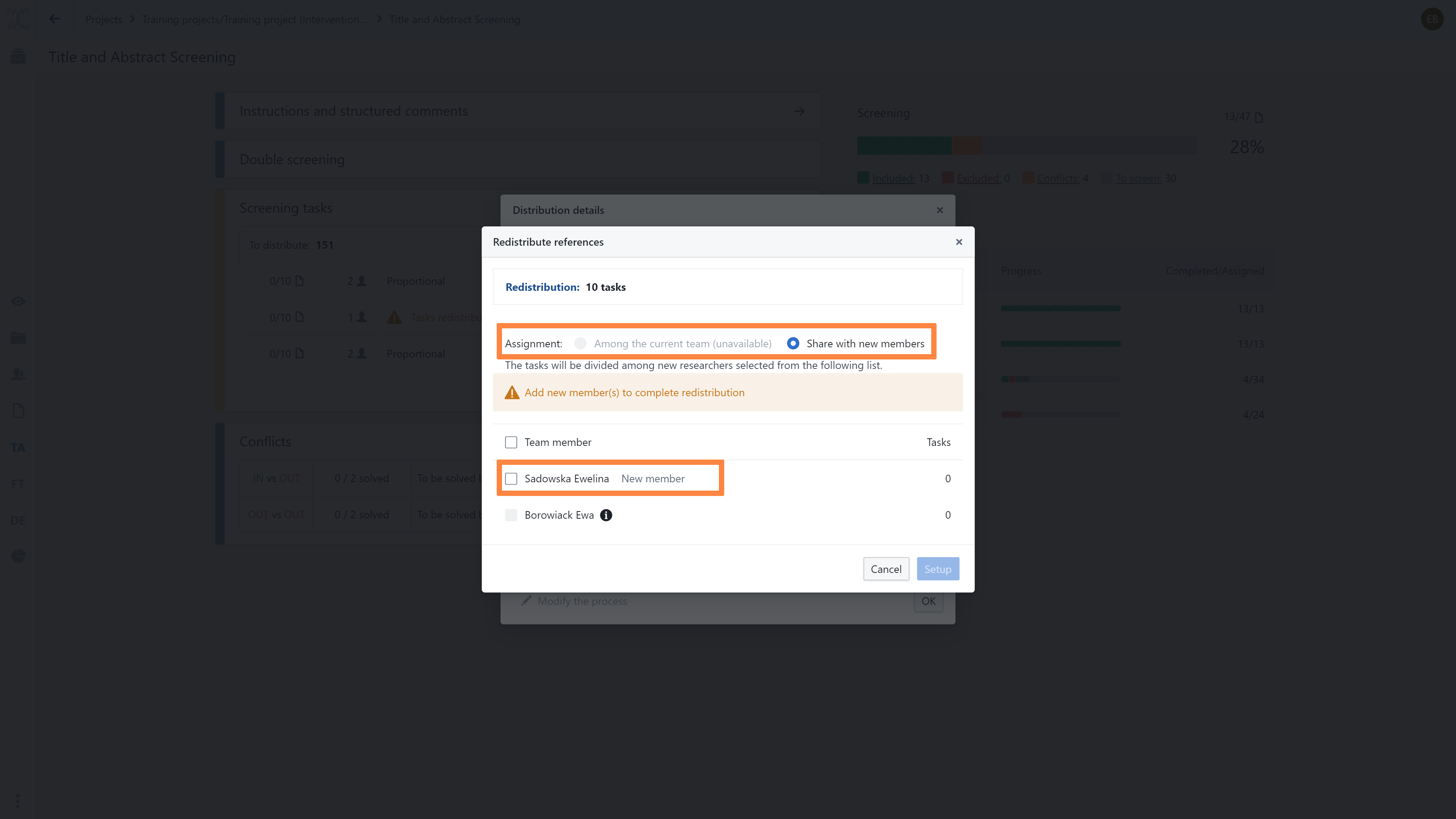References redistribution tab with 'Share with new members' method selected