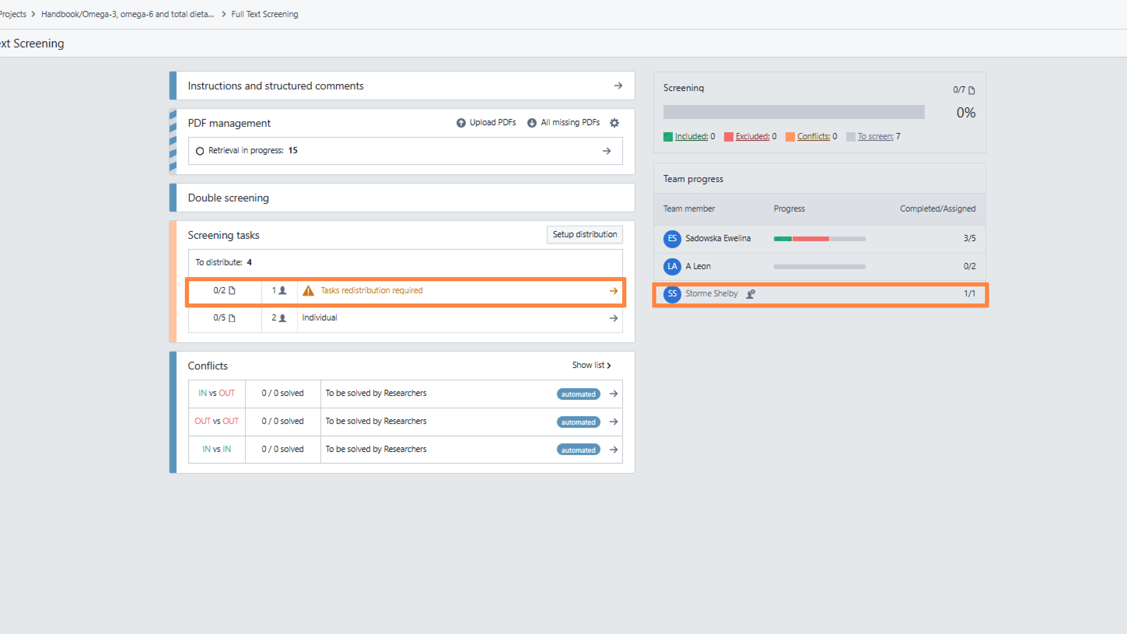 Full text stage dashboard with the group of previously distributed tasks that require redistribution in the 'Screening Tasks' section.