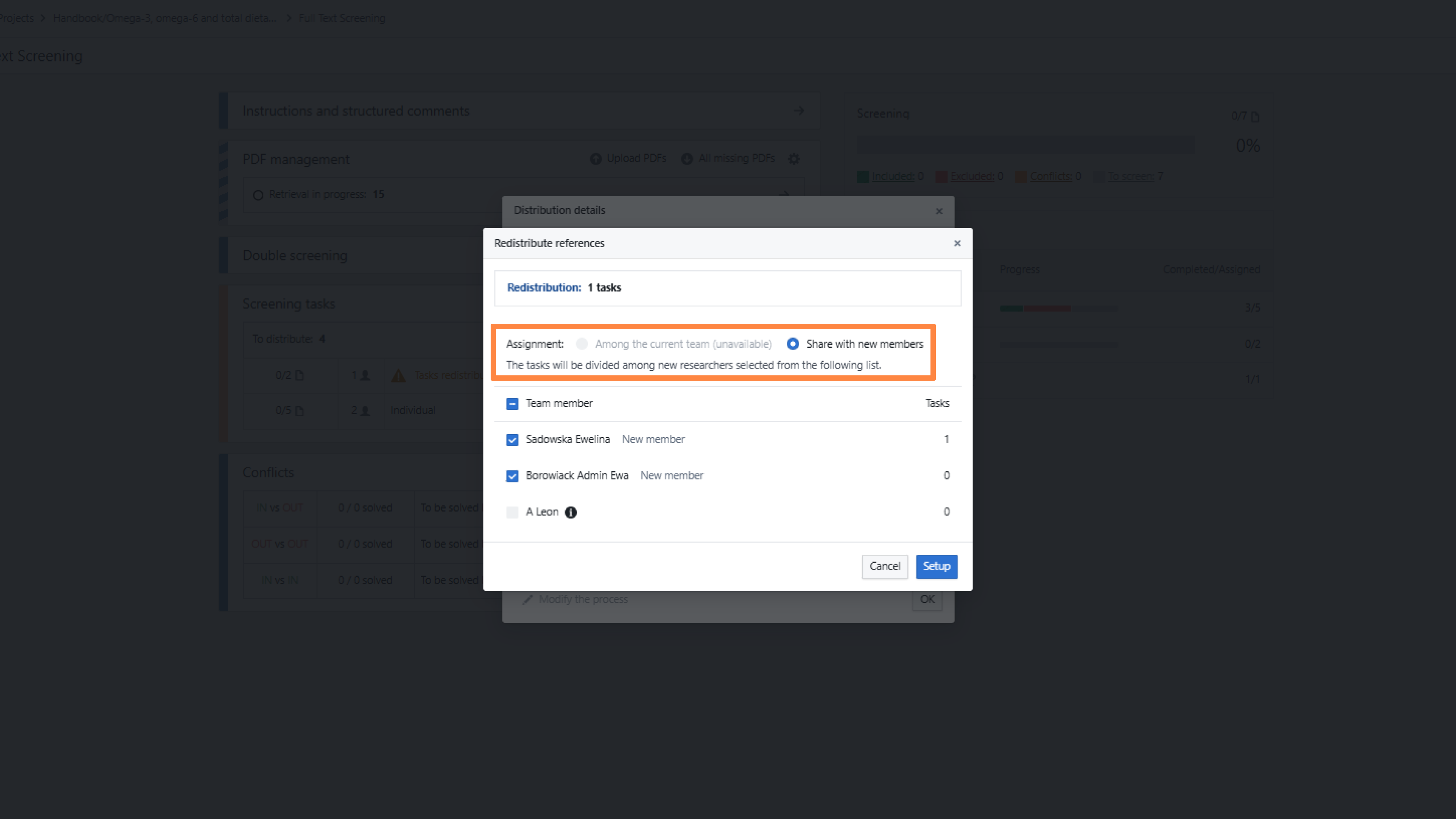 References redistribution tab with 'Share with new members' method selected