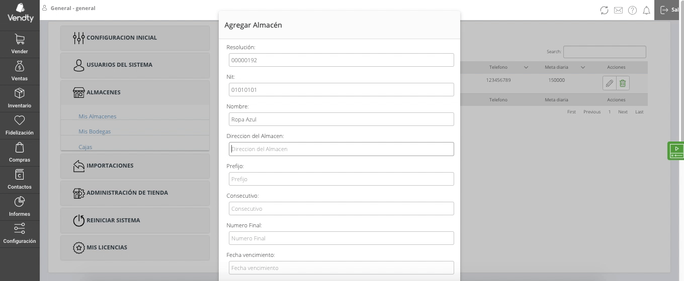 Creacion de almacen vendty