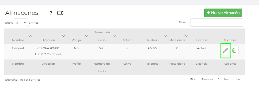Modificar almacen vendty