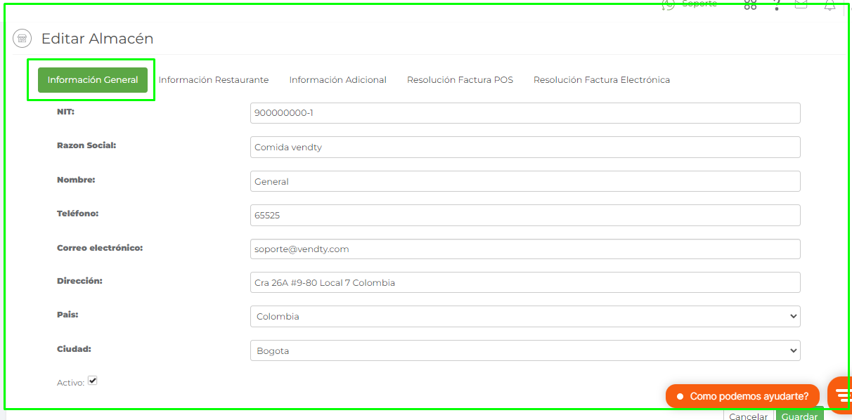 Modificar almacen vendty
