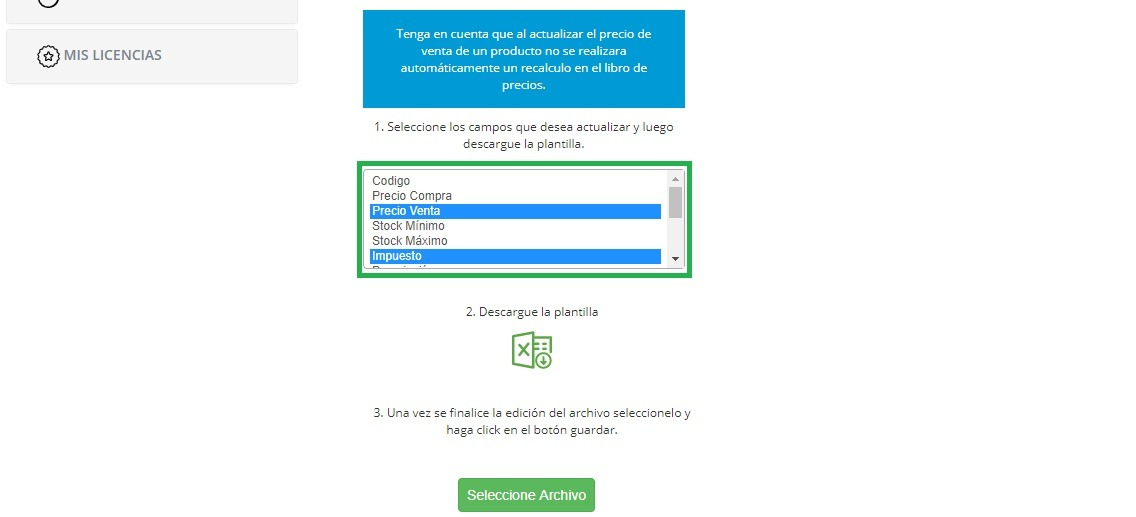 Actualizar impuestos Vendty
