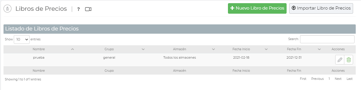 Libro de precios Vendty