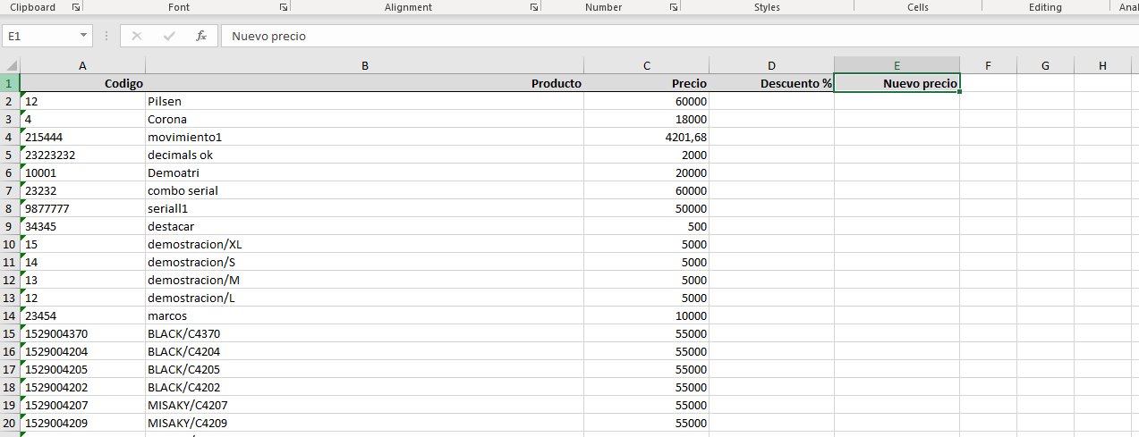 Libro de precios Vendty