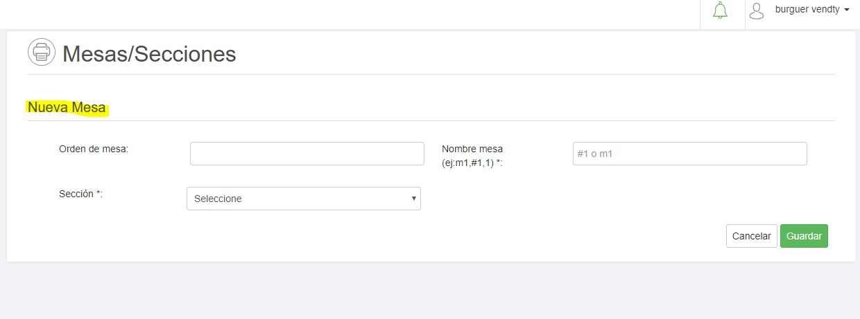 Creacion mesas vendty
