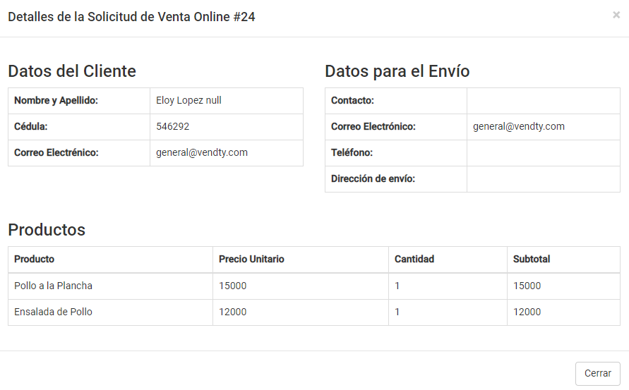 Pedidos Tienda virtual Vendty