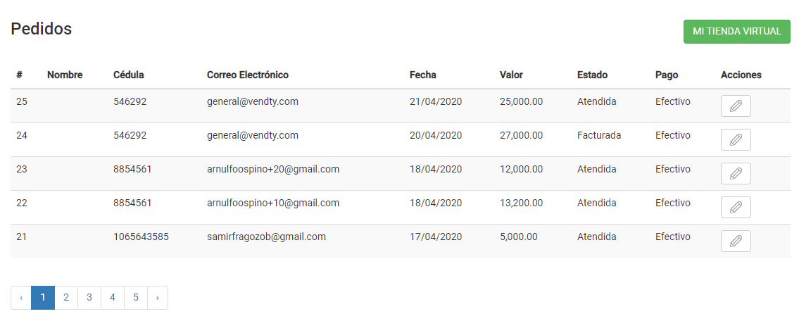 Pedidos Tienda virtual Vendty