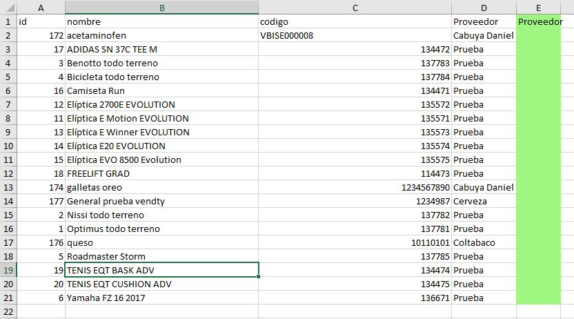 En algunas ocasiones, deseamos conocer y controlar los proveedores de producto o servicios de nuestro negocio, así mismo en determinado momento podemos generar cambios de proveedor ya sea por precio o cualquier otro concepto que nos lleve a tomar esta decisión, estos cambios puedes realizarlos de forma masiva a través de un documento.  Por ejemplo, tienes un producto con un proveedor AB, sin embargo revisando costos encuentras que el proveedor CD es mejor en cuanto a oferta de precio y tomas la decisión de cambiar para mejorar tus ganancias  ¿Cómo actualizar el proveedor de mis productos de forma masiva? Busca el módulo de Importaciones (Configuración - Importaciones) y selecciona los datos que deseas modificar, en este caso el proveedor de un producto  2. Descarga el archivo de Excel, donde aparecerán todos tus productos con el proveedor anterior y un campo para llenar con el nuevo, desde acá puedes ajustar los nombres y guárdalo en tu computador   3. Selecciona el documento en tu computador y presiona Guardar  Advertencia En los productos que no deseas modificar el proveedor, debes copiar y pegar en la columna el proveedor anterior. En caso contrario, se subirán como si no tuvieran proveedor alguno.