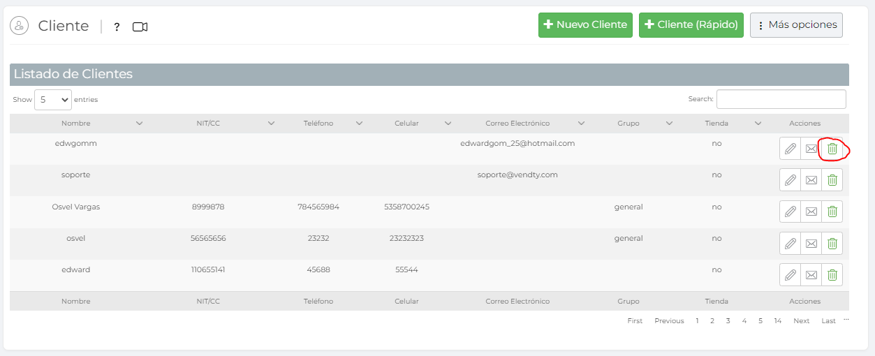 Eliminar clientes Vendty