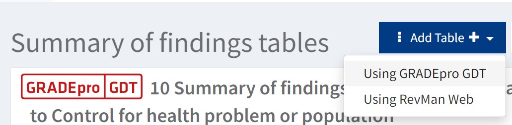 screenshot of 'Add Table' and  'using GRADEpro GDT' option