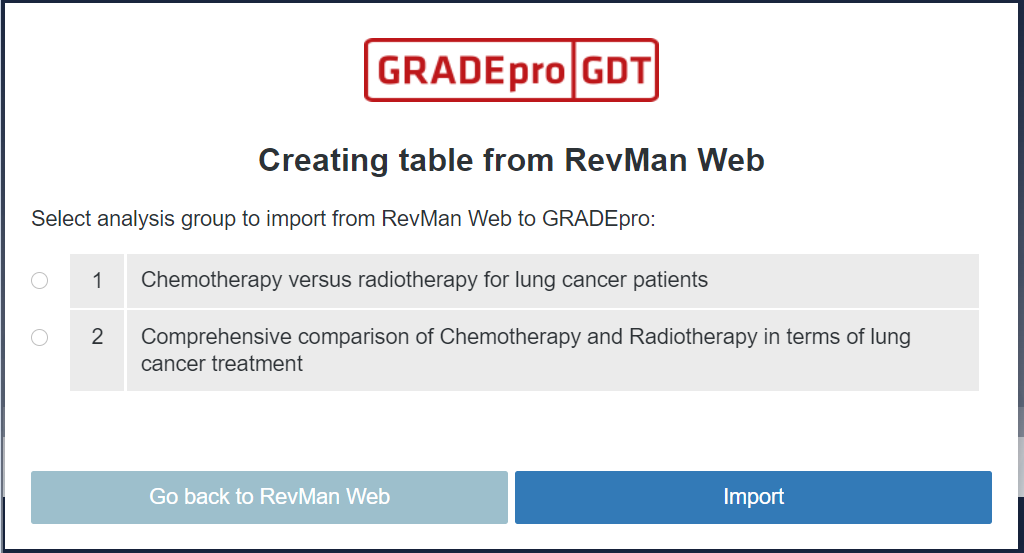 list of analysis group to import from RevMan