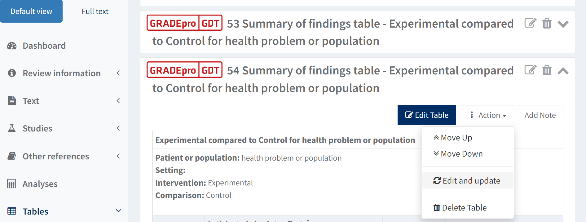 screenshot of 'Edit and update' option in exemplary project in RevMan