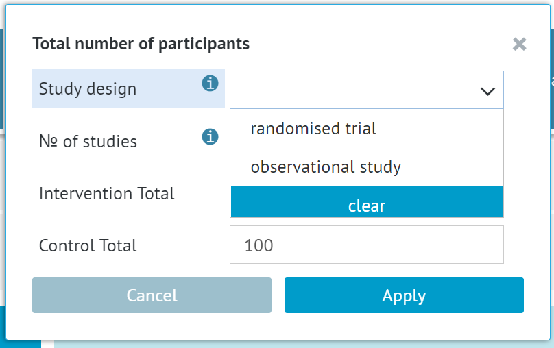 'Total number of participants' window with options of study design