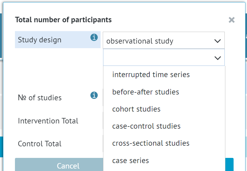 'Total number of participants' window with options of study type for observational study