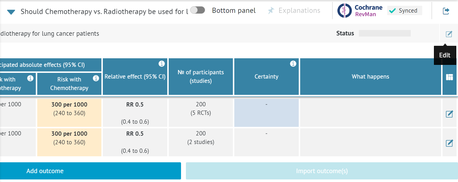 Edit option available in 'Evidence table' tab in 'Comparisons' section