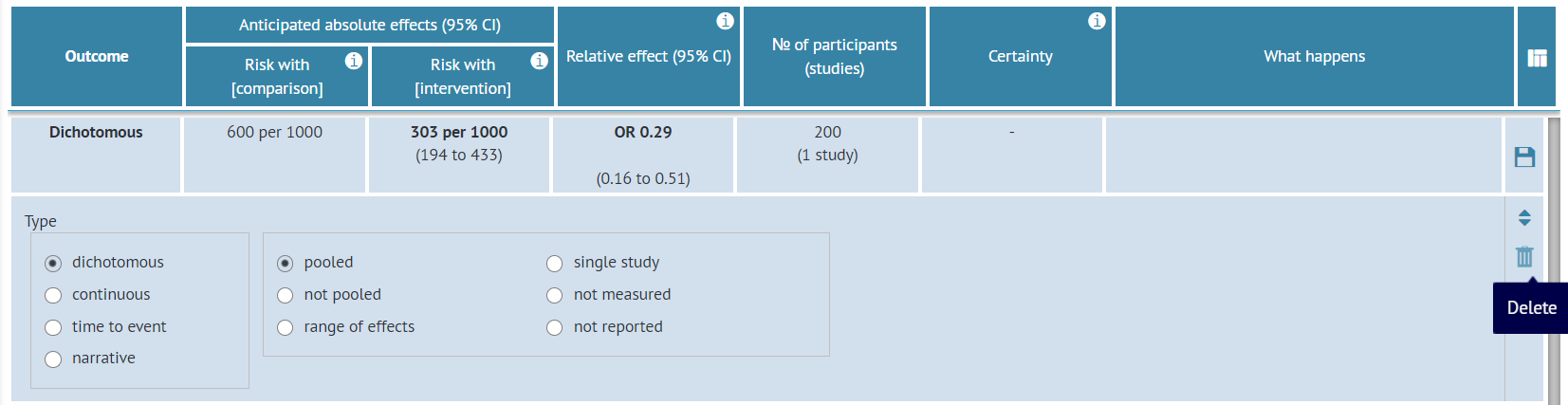 'Delete' icon available on right-hand side of outcome ribbon in evidence table