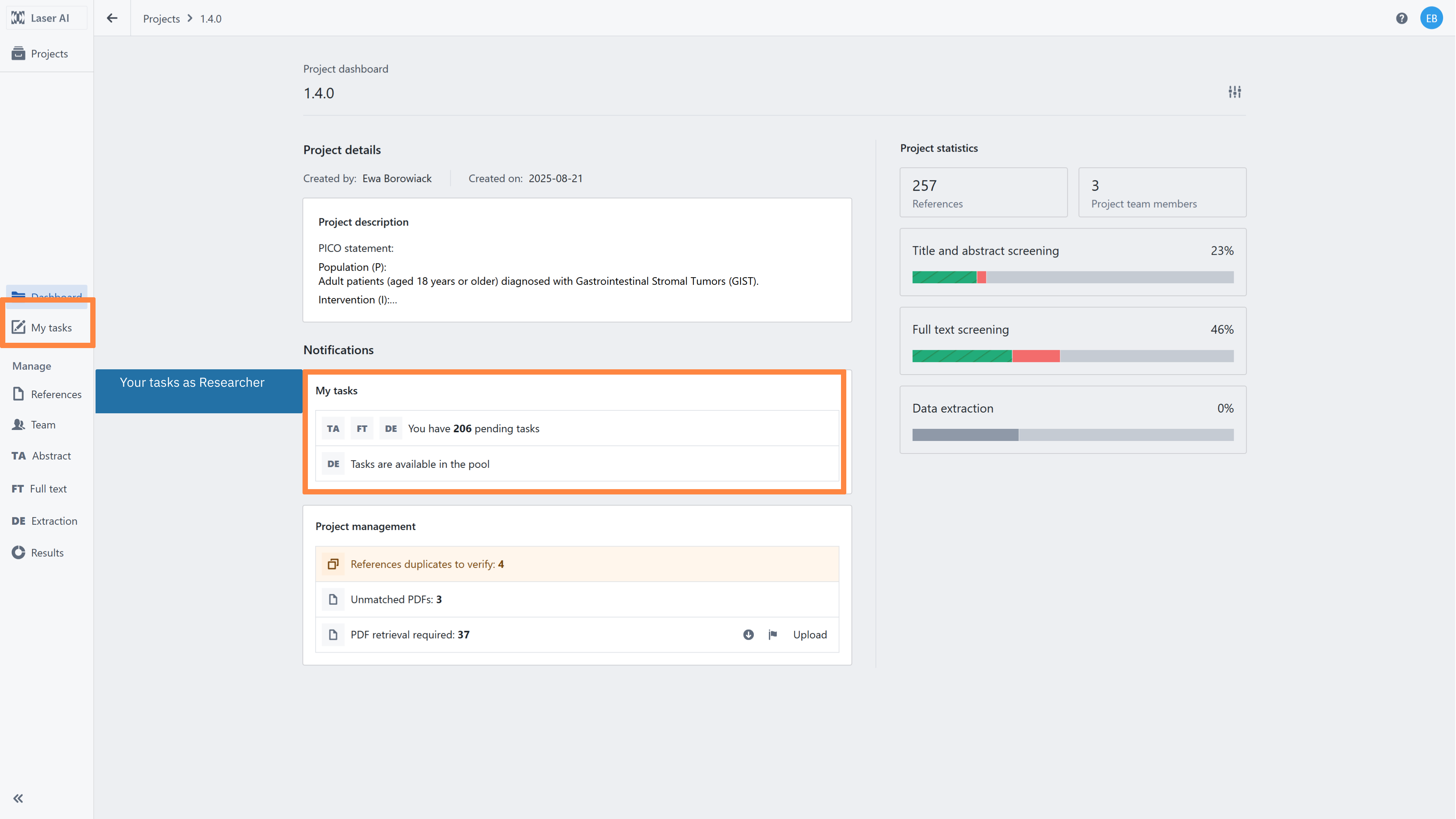 Project dashboard interface with a sidebar navigation panel on the left, a Notification section and project details in the center and a Progress panel for each stage on the right