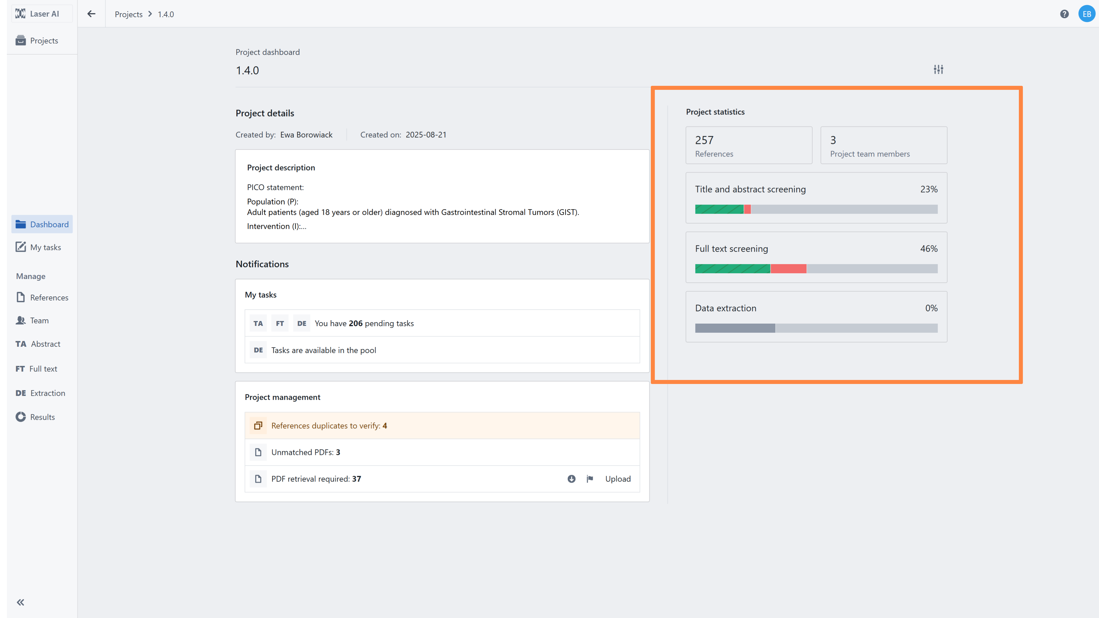 Example of a project dashboard with highlighted progress panel for each stage
