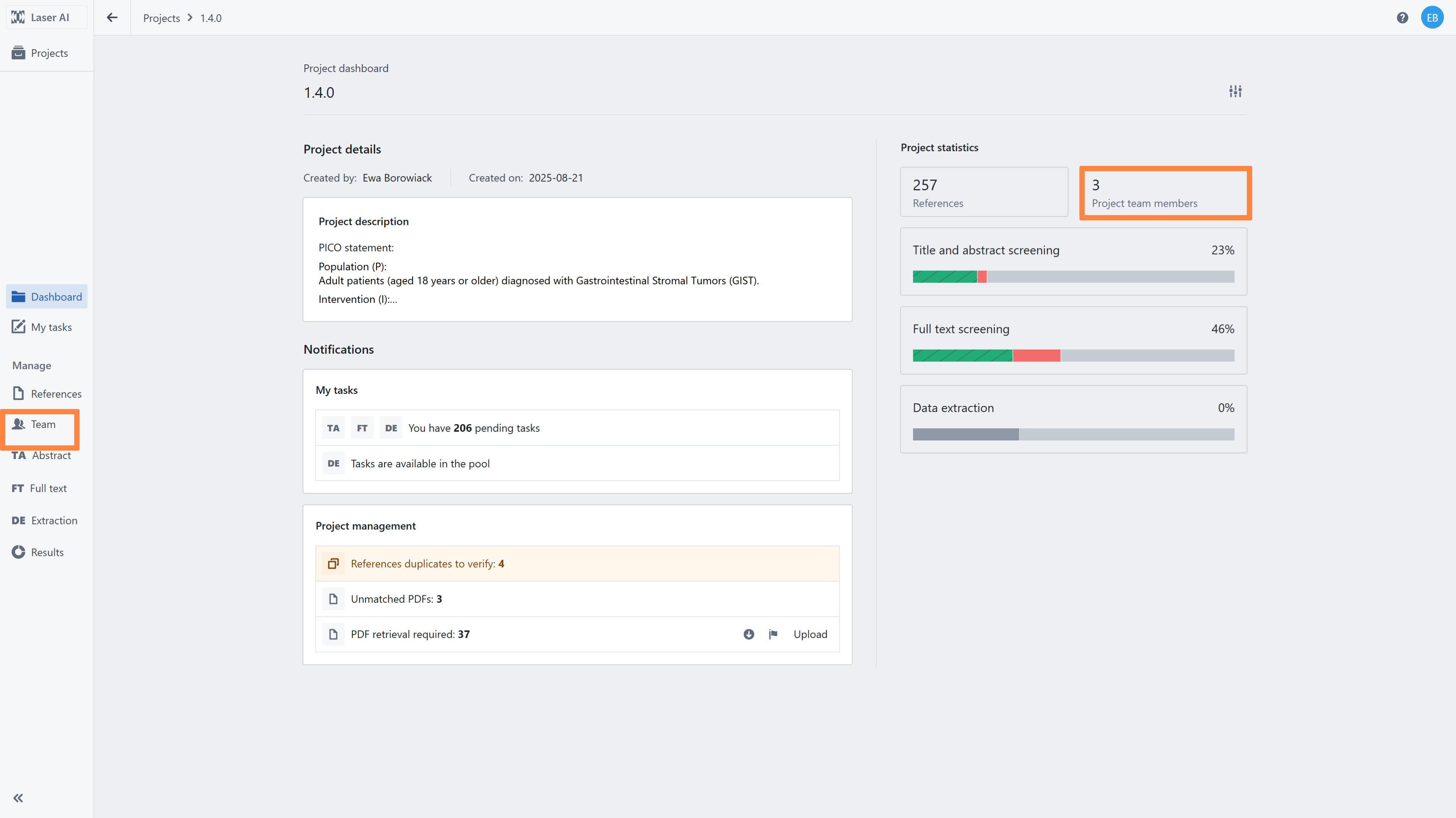 Project dashboard with highlighted sections dedicated to team management. 