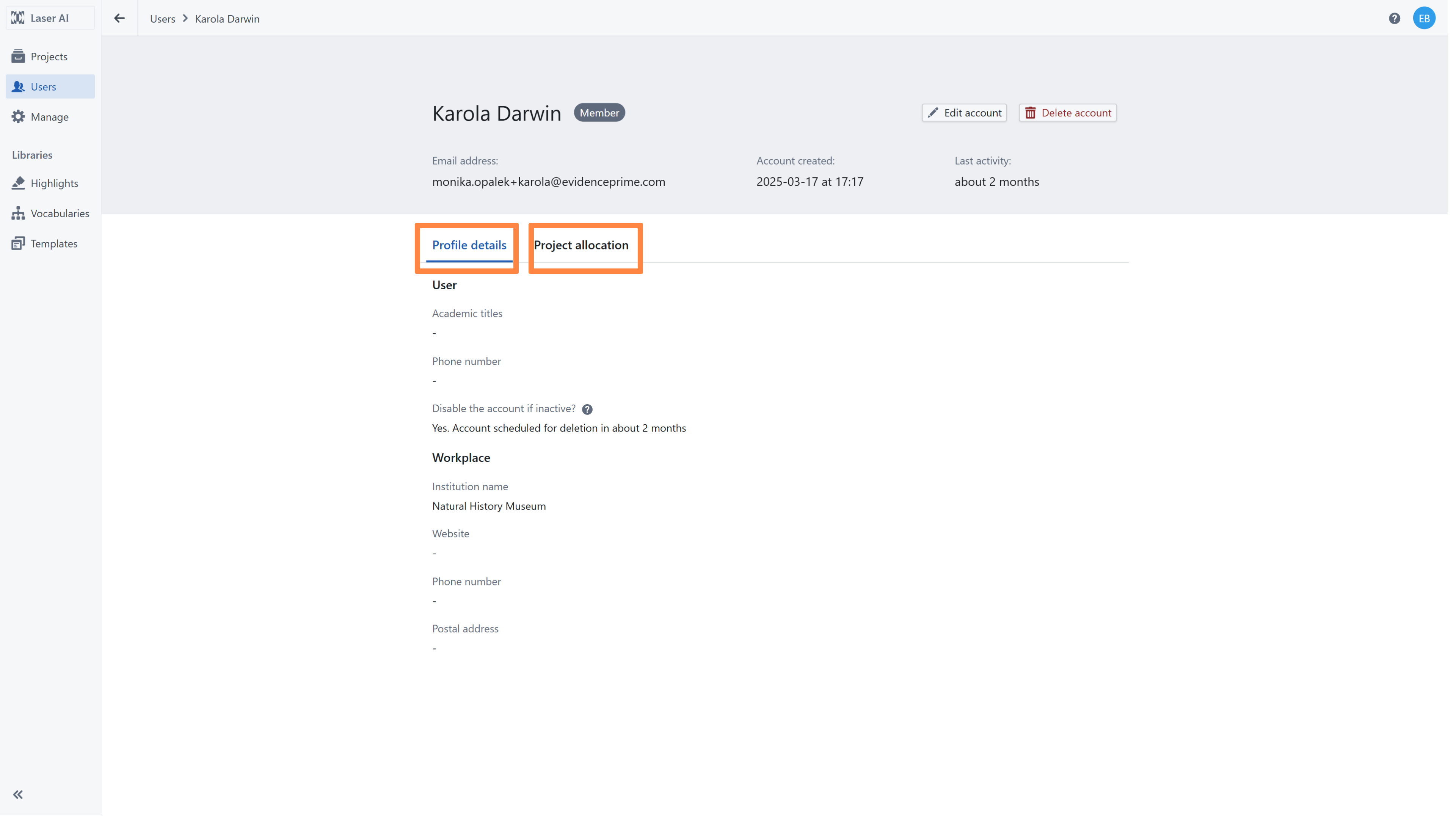 Details of a single user account in the Users tab 