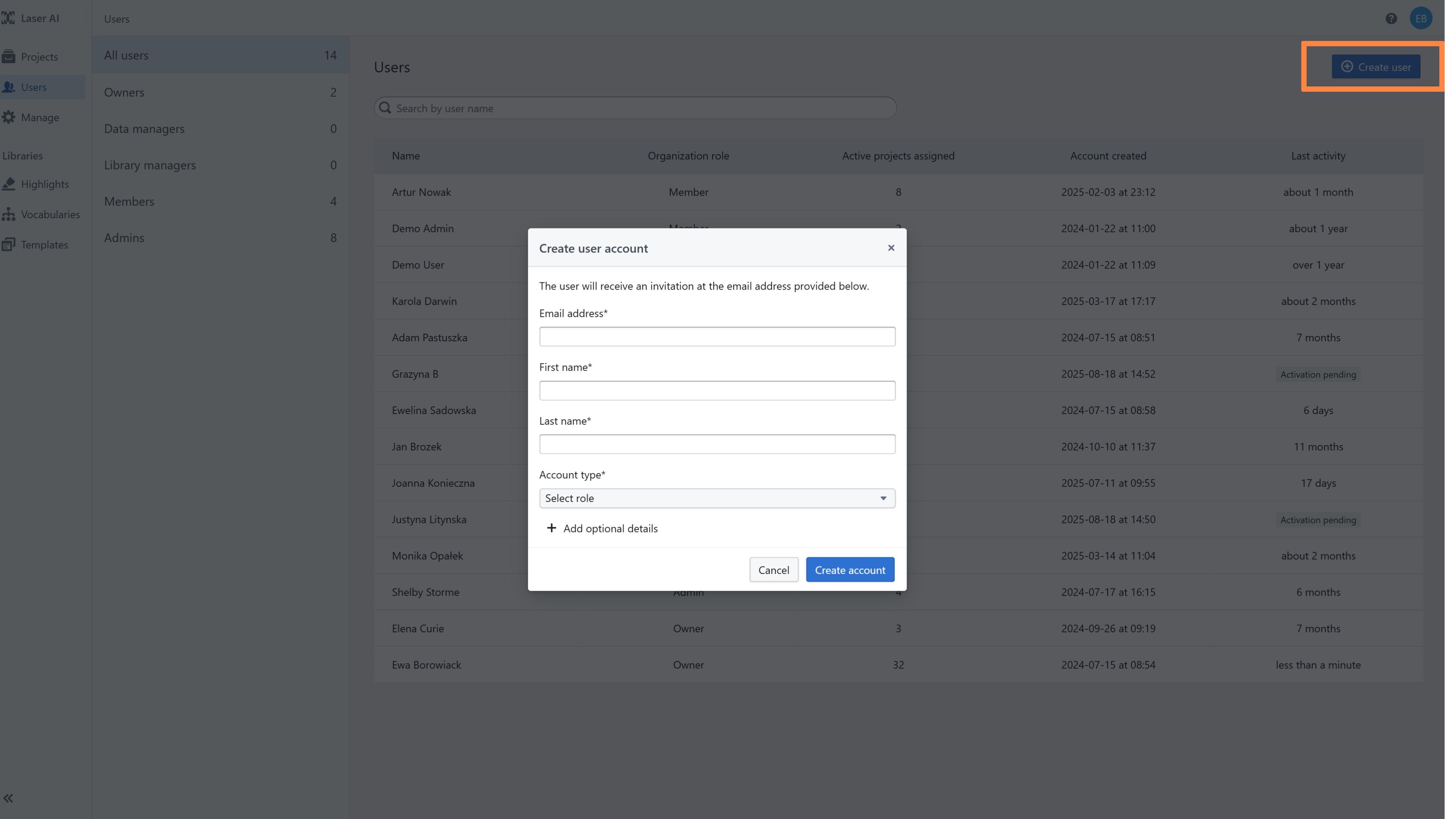 Create a new user account in the Users tab.