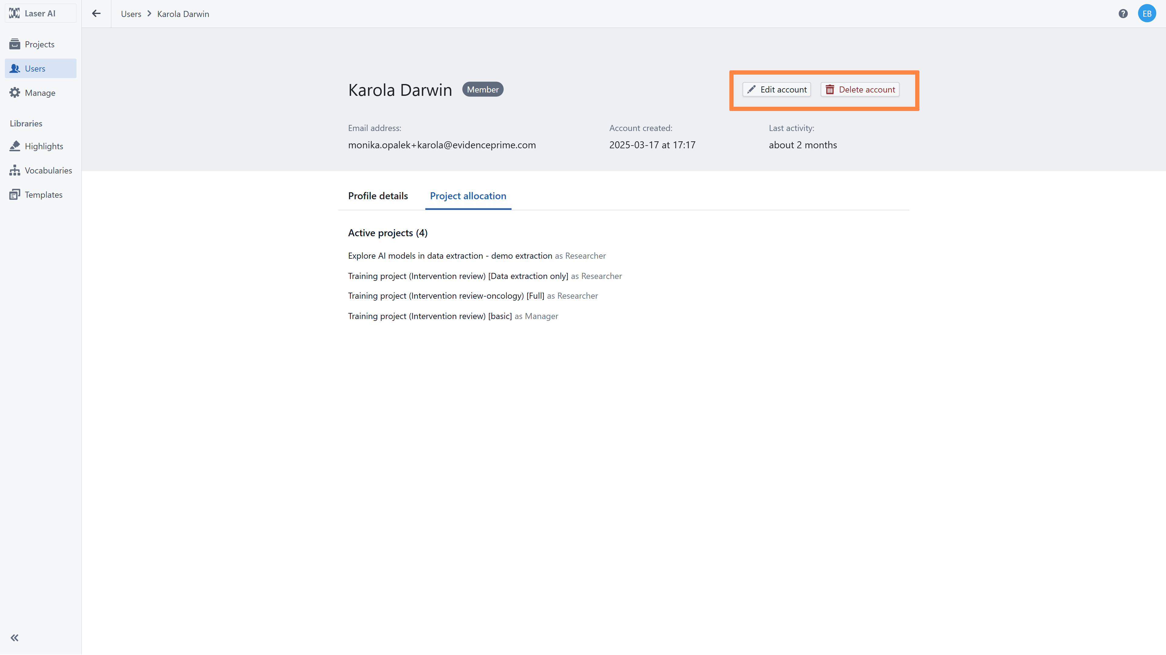 Edit user profile in the Users tab