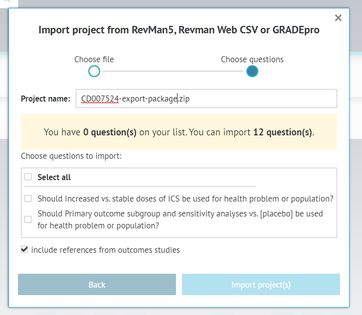 project question list with full or selective import options