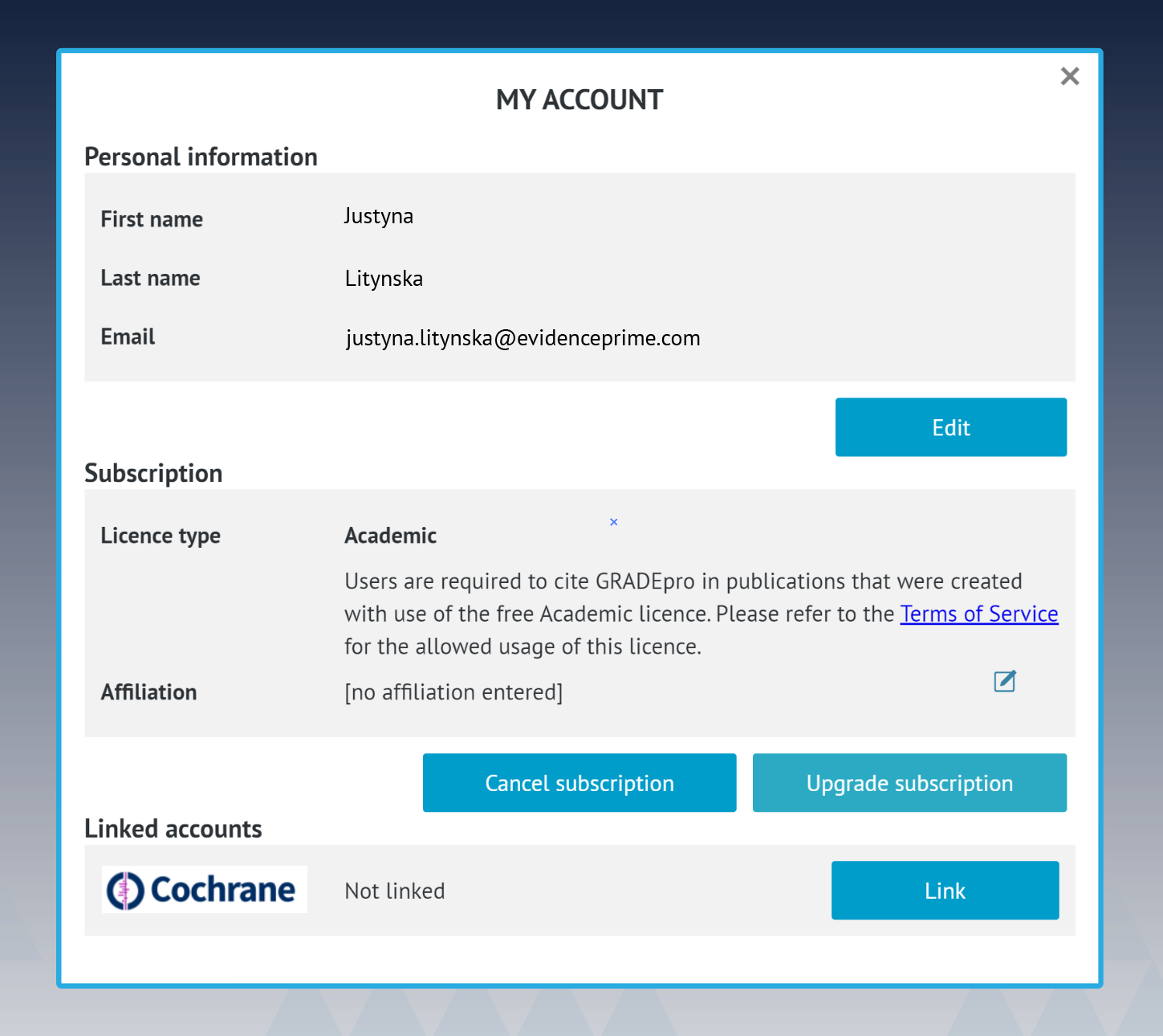 Account Settings window in GRADEpro with status 'Not linked' for Cochrane Account