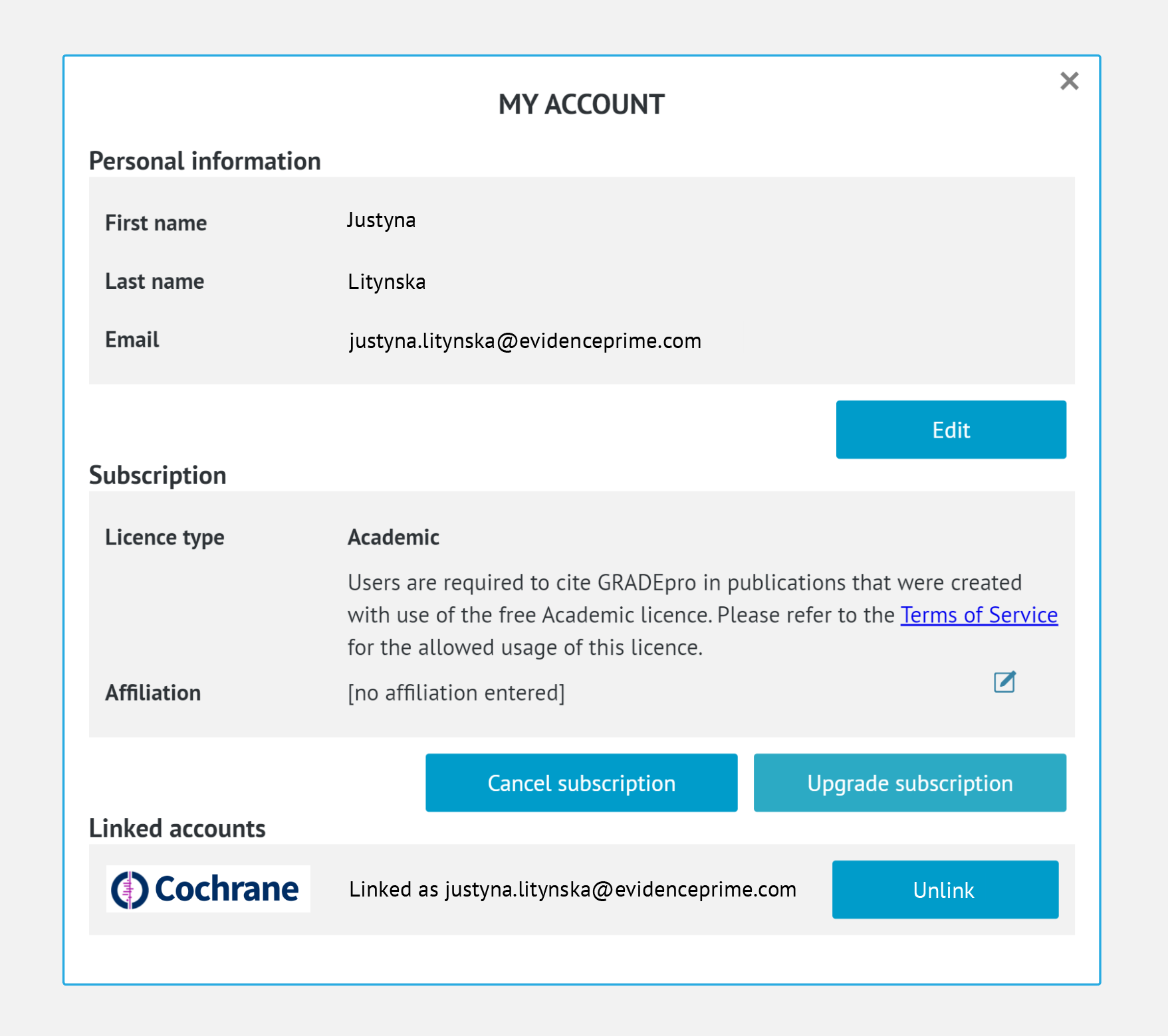 Account Settings window in GRADEpro with status 'Linked' for Cochrane Account