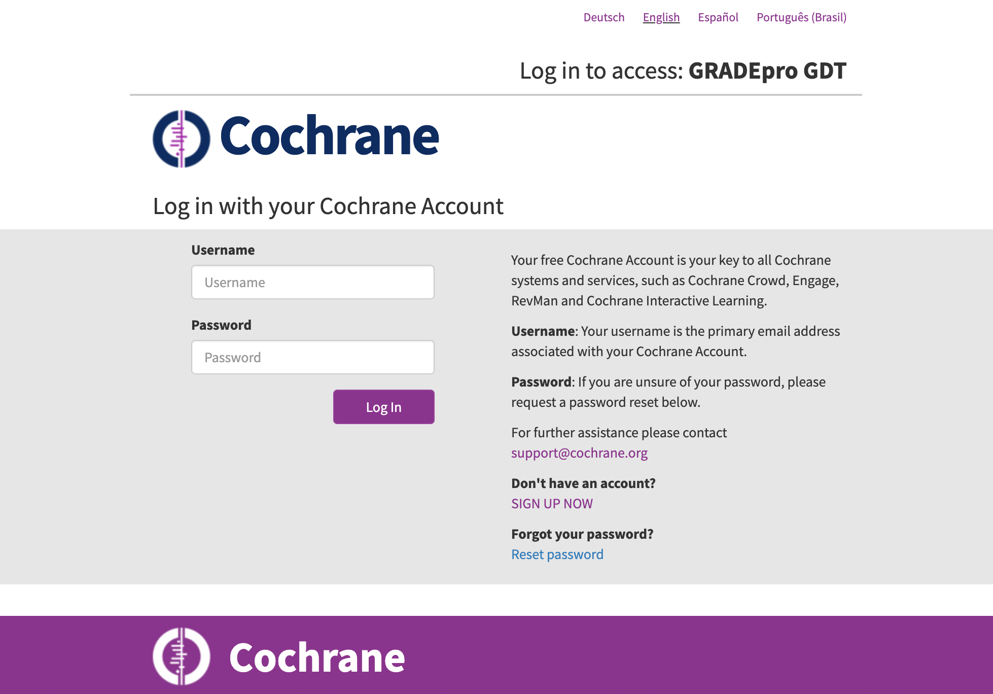 Cochrane login dashboard