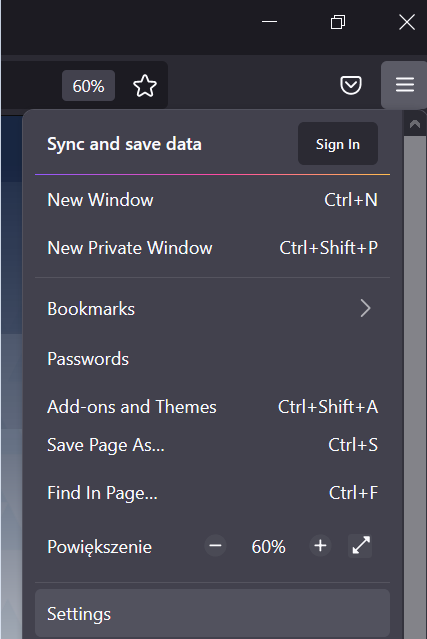 Mozzilla browser settings window