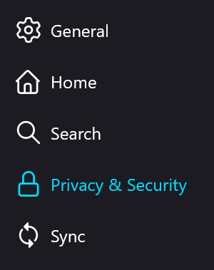Mozzilla browser settings window with 'Privacy & Security' option chosen