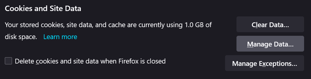 Cookies and site data window of Mozilla browser
