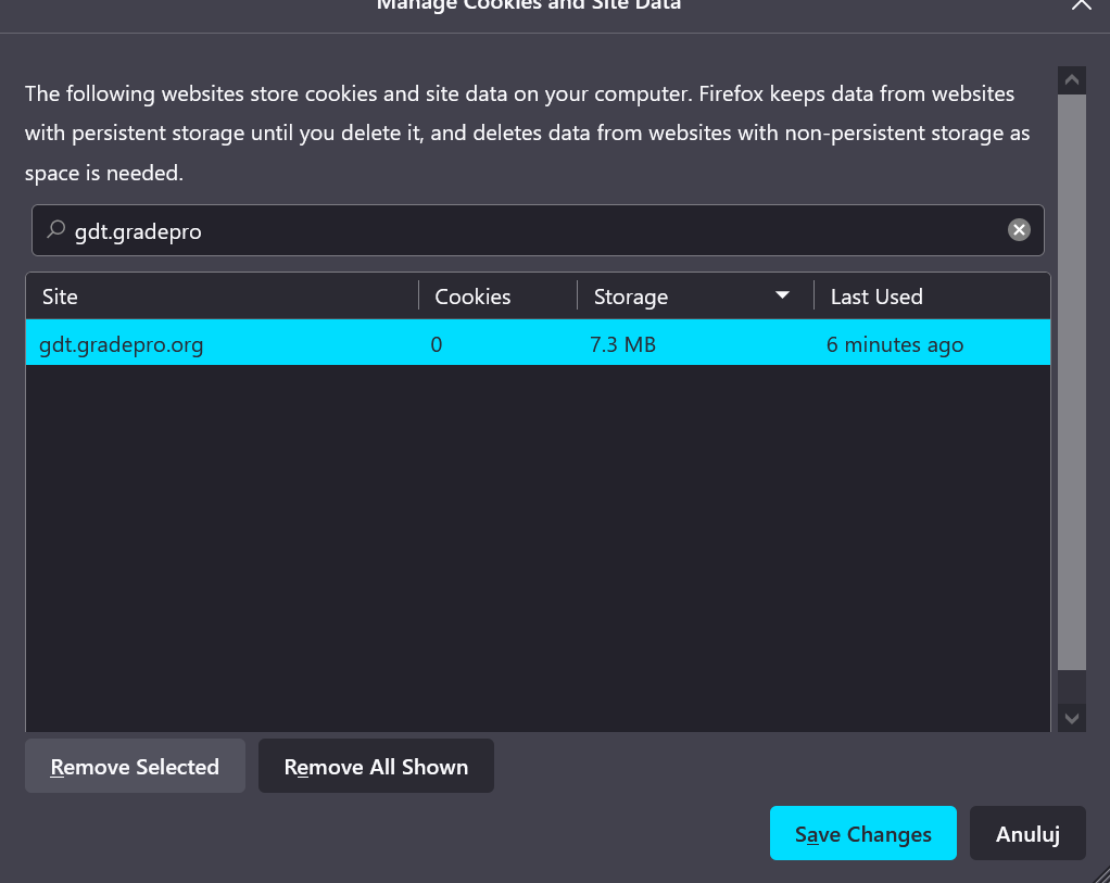 list of stored cookies on Mozilla browser