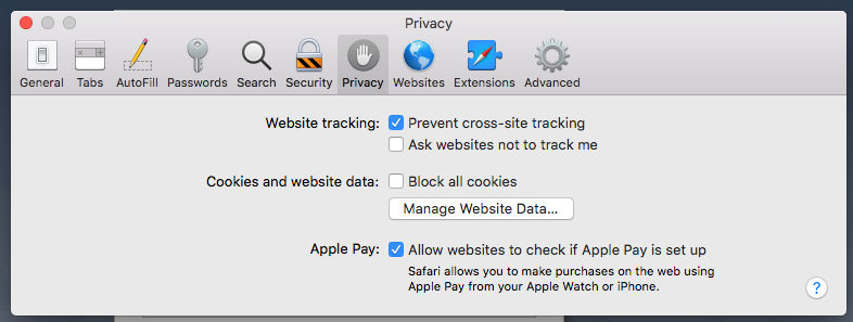 'Privacy' tab of Safari browser settings window