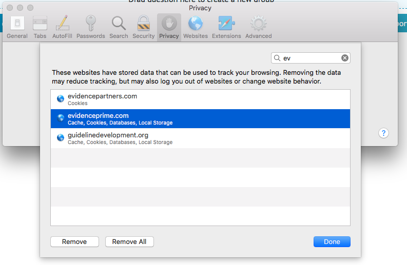 list of stored cookies on Safari browser